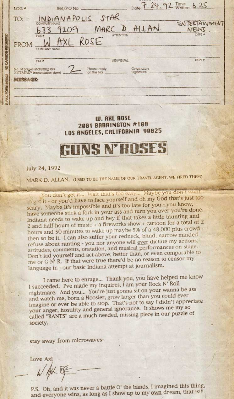 Axl Rose Fax to Marc Allan