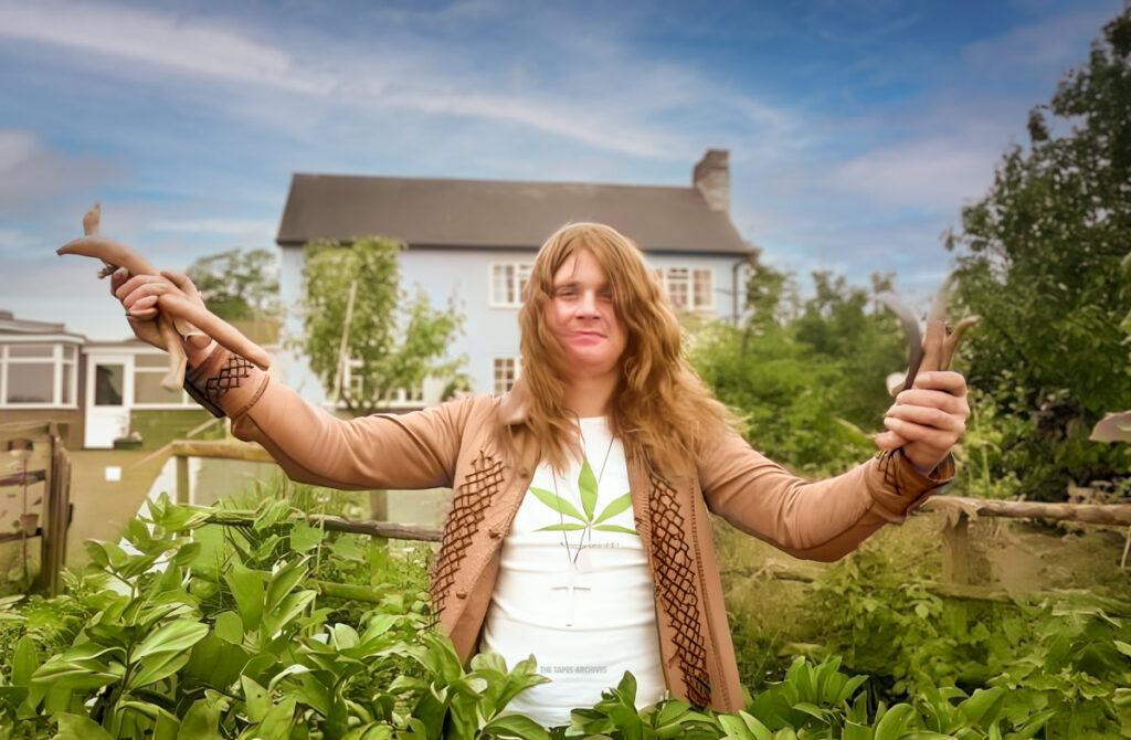 Ozzy Osbourne in his garden with a marijuana shirt on