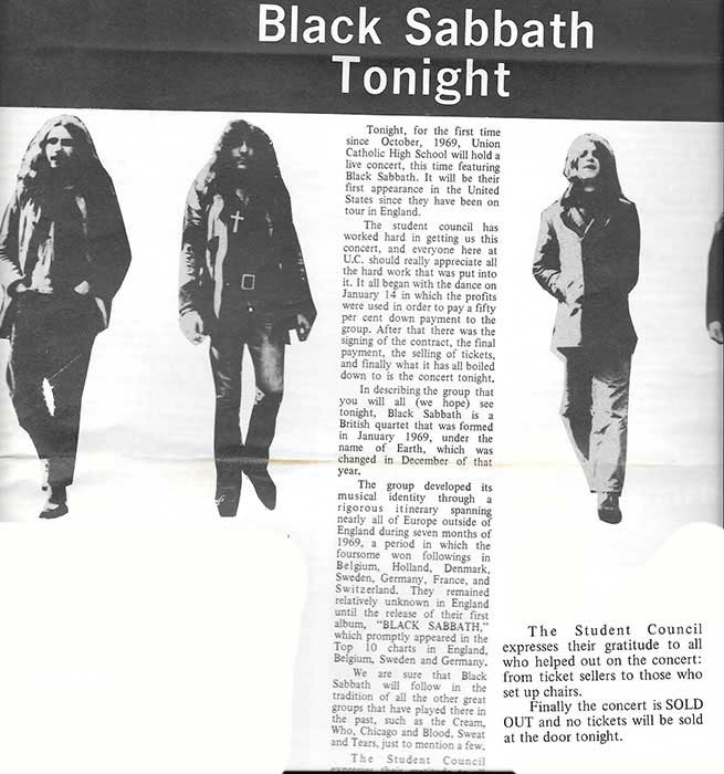 Black Sabbath tonight at Union Catholic high school article