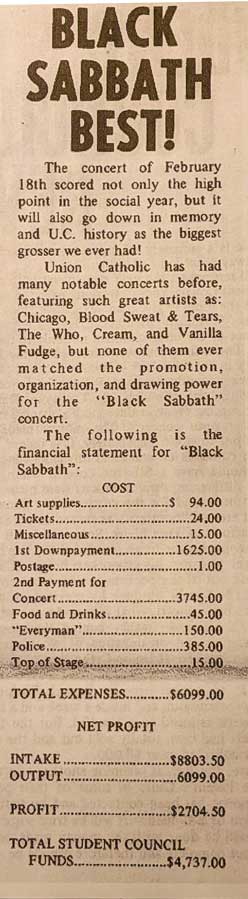 The Union Catholic High School gross receipts form Black Sabbath concert